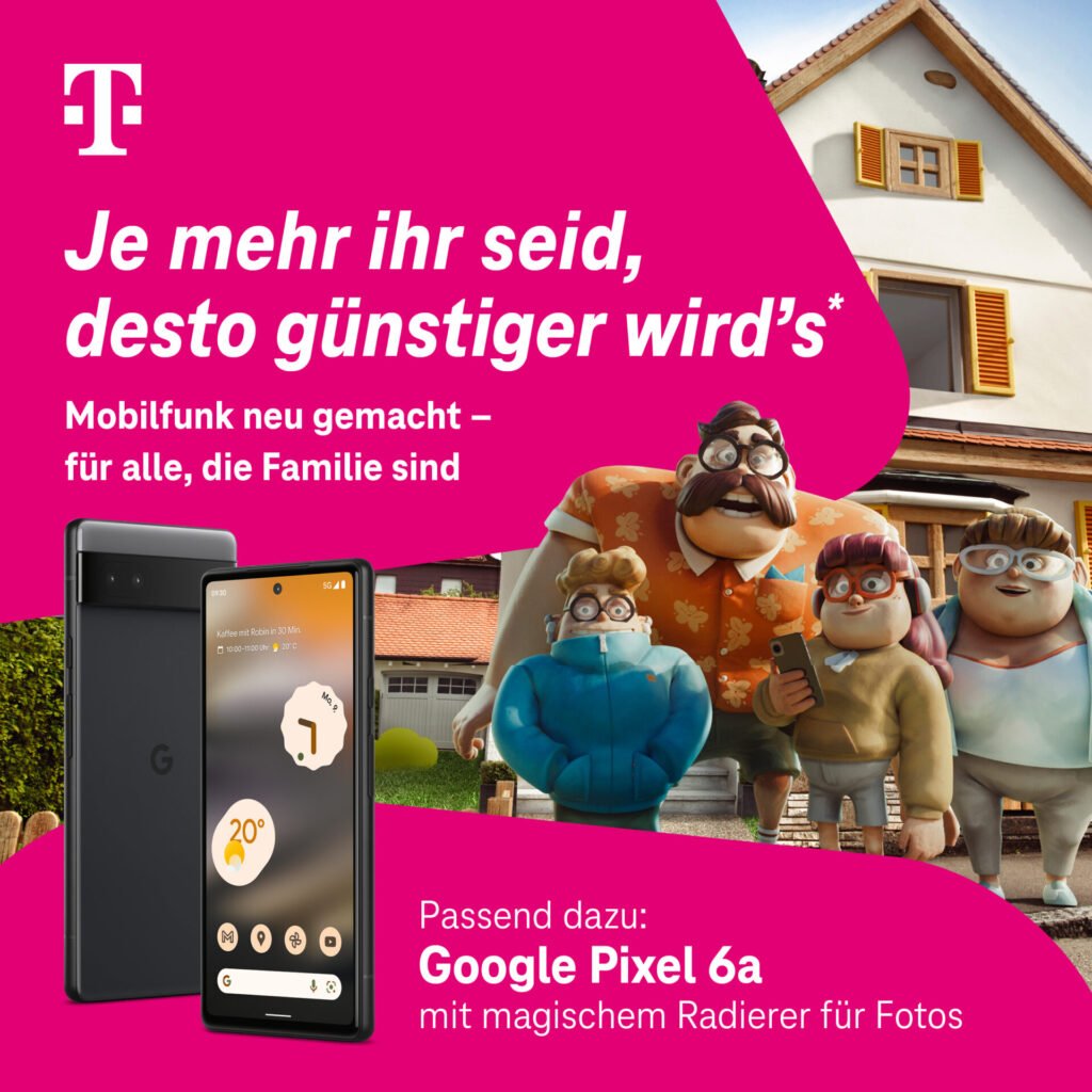 Telekom Werbebanner für MagentaEINS Family Mobilfunk Tarife mit einem Google Pixel 6a